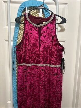 R&M Richards Fuchsia Velvet Evening Dress with Rhinestone Trim